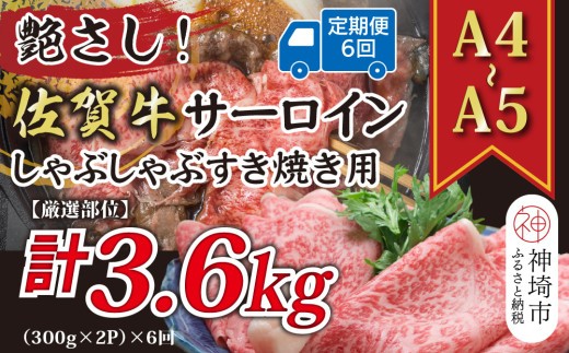 【6か月定期便】艶さし!【厳選部位】【A4~A5】佐賀牛サーロインしゃぶしゃぶすき焼き用 600g(300g×2P)×6回【肉 牛肉 ブランド牛 黒毛和牛 お祝い ご褒美】(H112206)