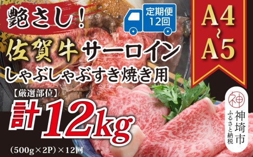 【12か月定期便】【厳選部位】【A4~A5】佐賀牛サーロインしゃぶしゃぶすき焼き用 1kg(500g×2P)×12回【肉 牛肉 ブランド牛 黒毛和牛 お祝い ご褒美 ふるさと納税】(H112210)