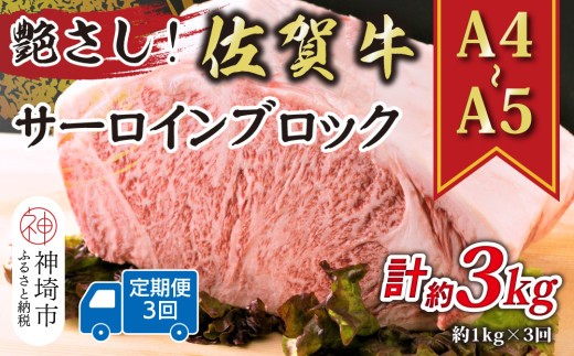 【3か月定期便】艶さし!【A4~A5】佐賀牛サーロインブロック 約1kg×3回【肉 牛肉 ブランド牛 黒毛和牛 ステーキ肉 ふるさと納税】(H112268)