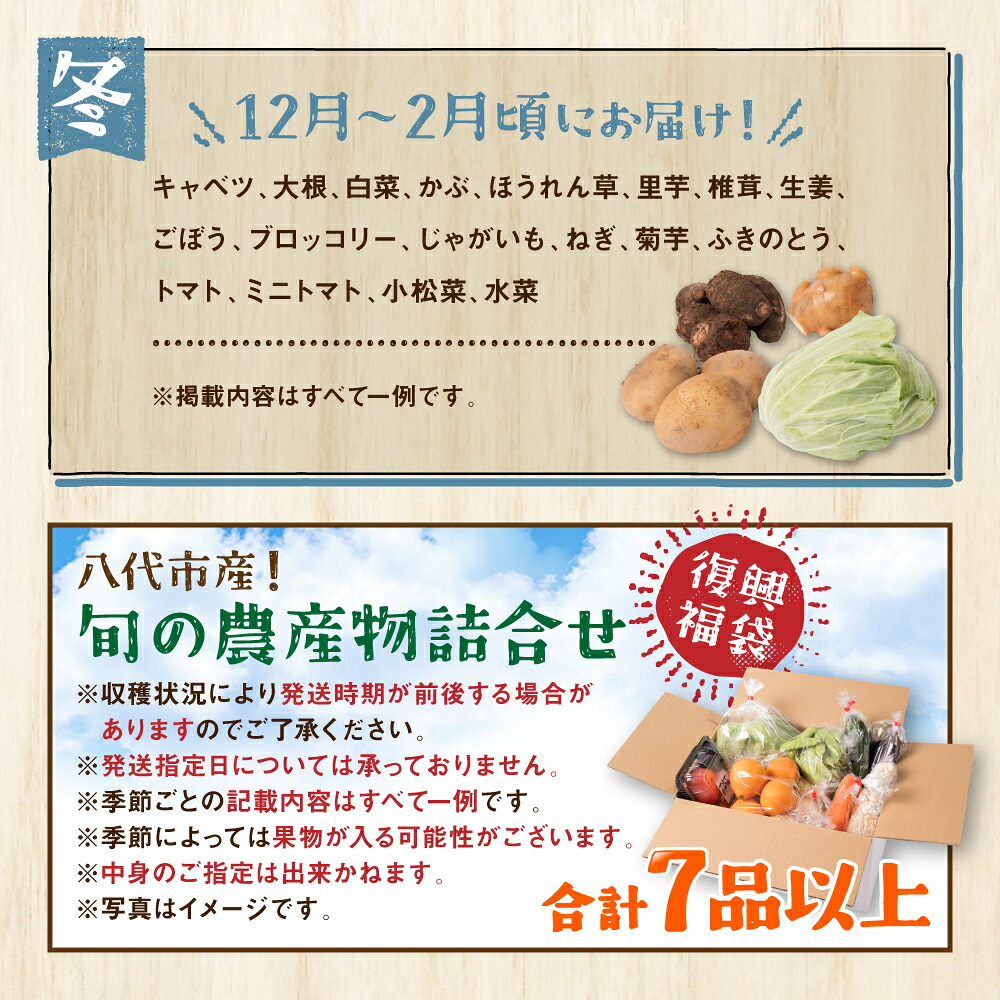 【定期便3回】【2ヶ月に1回お届け】八代市産！旬の農産物詰合せ 復興 福袋 7品以上 野菜 果実 果物 やさい くだもの フルーツ 合計7品目以上 セット 季節の野菜 季節の果実 春 夏 秋 冬 旬
