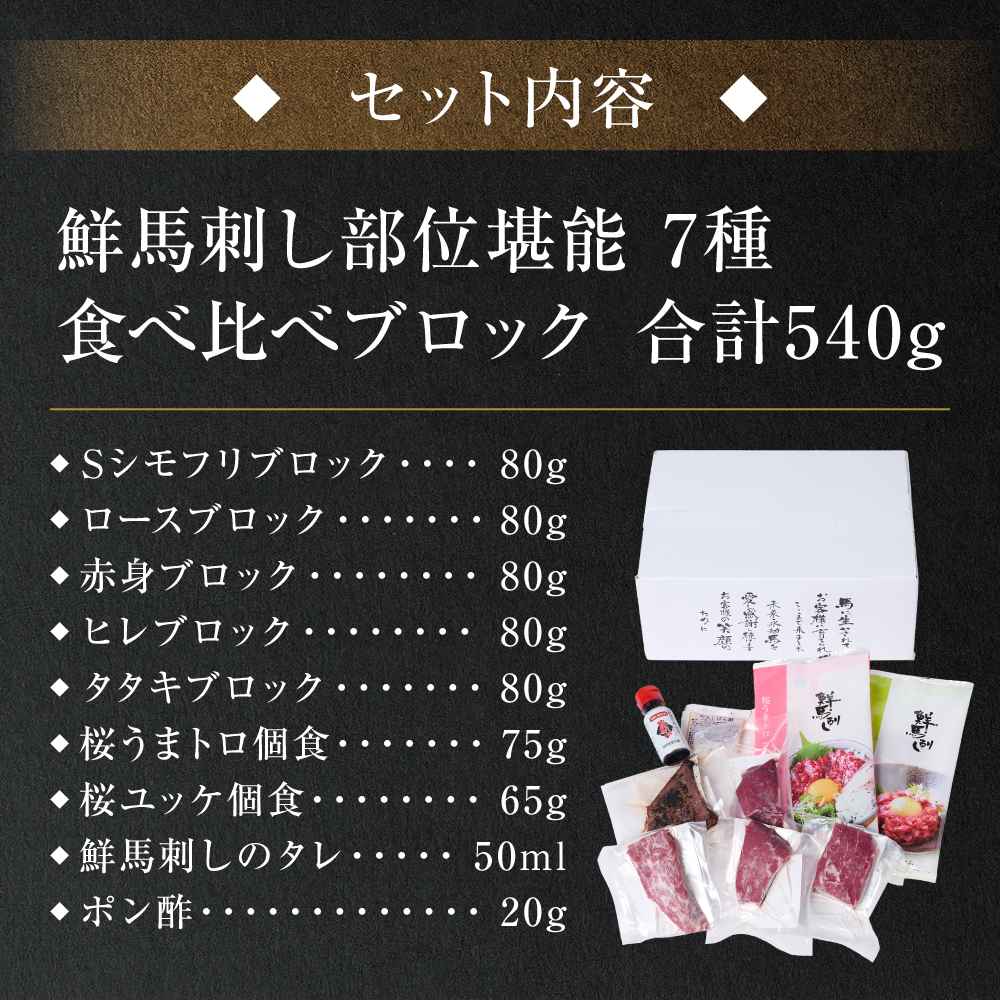 ★旅サラダで紹介されました★ 馬刺し部位堪能 7種食べ比べセット（シモフリ・ロース・赤身・ヒレ・タタキ・桜うまトロ・桜ユッケ）馬刺し専用タレ付き 馬肉 ブロック 冷凍 個装 パック 詰め合わせ