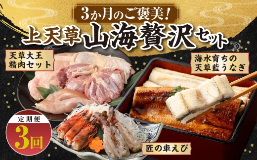 ＜ R8年熊本地震復興支援 ＞【定期便】3か月のご褒美！上天草山海贅沢セット 天草大王 精肉 セット 鶏肉 肉 お肉 天草藍うなぎ うなぎ 鰻 ウナギ 紅白 5尾～7尾 匠の車えび 活き締め 急速冷凍