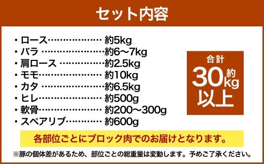 【豚半頭分!】完全無薬!梅肉エキス肥育 熊本県産 天草梅肉ポーク 食べ尽くしセット 半頭 約30kg以上 肉 お肉 豚肉 ポーク 詰め合わせ セット 冷凍 熊本県 上天草市