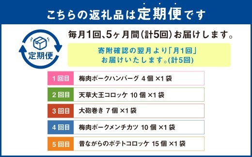 < R8年熊本地震復興支援 >【5回定期便】ご飯の味方定期便 ハンバーグ コロッケ 大砲巻き メンチカツ 定期 定期便 5種 揚げ物 惣菜 おかず 冷凍 国産 九州産 熊本県 上天草市