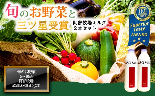 国際コンクールで最高峰の”三ツ星”を受賞!!【ASOMILK800ml×2本】と【季節のお野菜セット】高原 新鮮 旬 お野菜 5~10品 減農薬 産地直送 阿蘇ミルク 阿部牧場