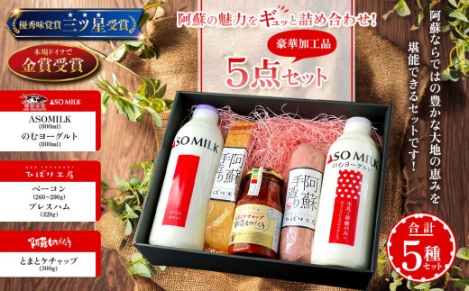 ”阿蘇”人気店舗一押し商品コラボ”が実現!「夢コラボセット」!!加工品 5点セット プレスハム320g×1個 ASOMILK800ml×1本 ベーコンブロック260g~290g×1個