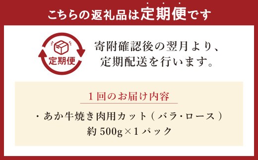【12ヶ月定期便】あか牛焼き肉用カット（バラ、ロース） 約500g 計約6,000g 赤牛 あか牛 牛肉 熊本 バラ ロース カット肉 定期便 熊本県 西原村 冷凍
