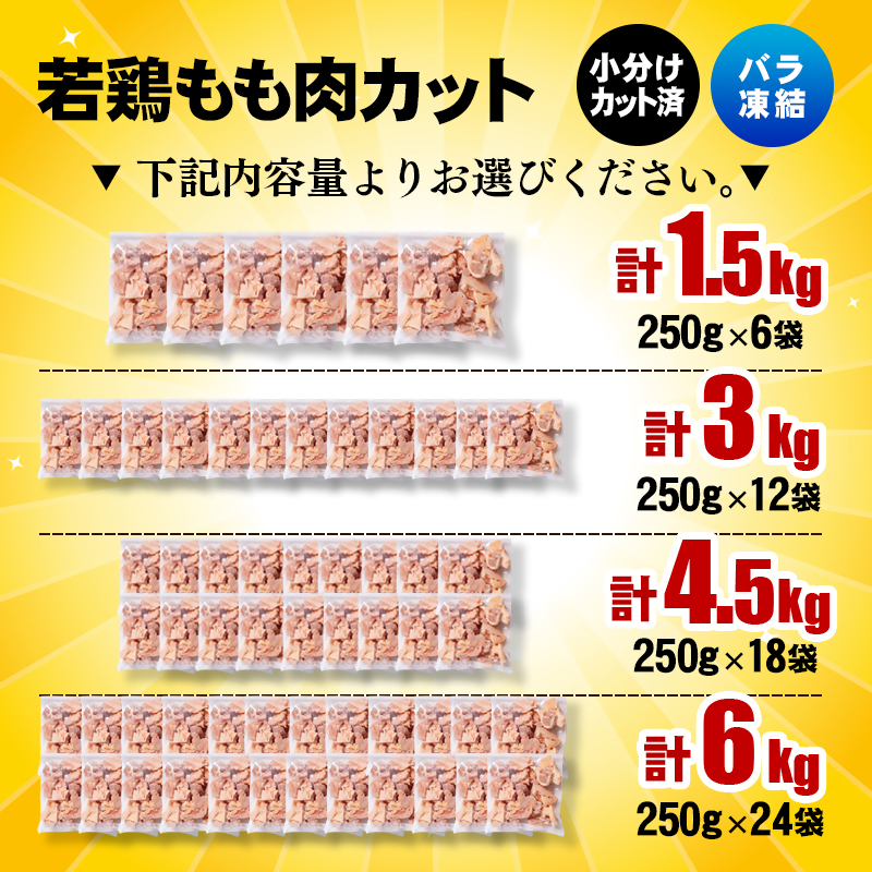 宮崎県産若鶏 もも肉カット1.5kg～6kg（1袋：250g入り）バラバラ凍結 IQF加工 小分け 国産鶏肉＜60-4a＞＜60-1b＞＜60-5b＞＜60-6b＞