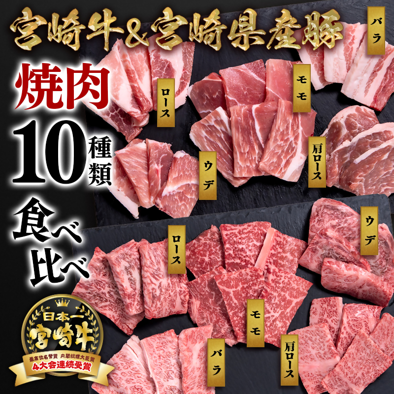 宮崎牛&宮崎県産豚肉 焼肉10種盛り 食べ比べセット計600g 4等級以上ブランド牛 内閣総理大臣賞4連覇 ミヤチク 黒毛和牛 国産牛肉 国産豚肉<47-3b>