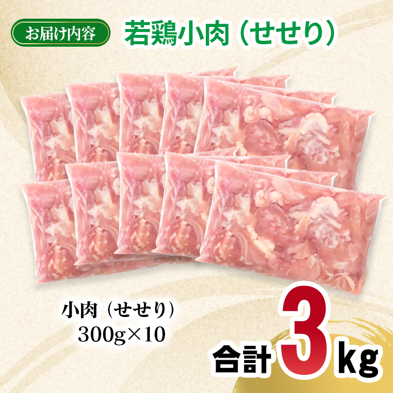 宮崎県産若鶏 小肉(せせり)合計3kg 小分け(300g×10P)国産鶏肉 真空パック 焼肉 セセリ とり肉<70-14a>