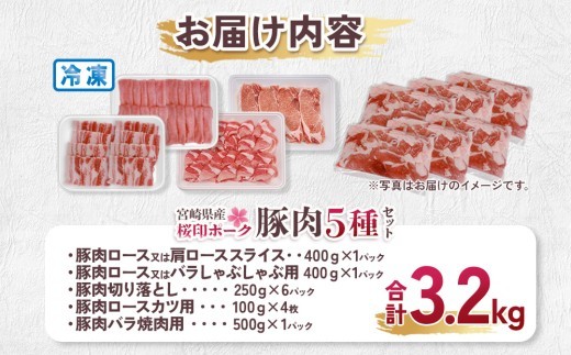 宮崎県産 豚肉 桜印ポーク5種セット (ロースまたは肩ローススライス / ロースまたはバラしゃぶしゃぶ / 切り落とし / ロースカツ / バラ焼肉) 合計3.2kg 小分け 冷凍 国産