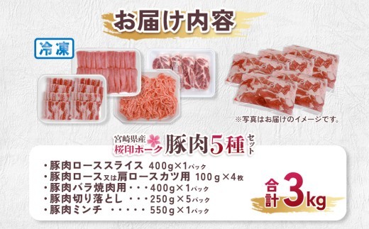 宮崎県産 豚肉 桜印ポーク5種セット (ローススライス / ロースまたは肩ロースカツ / バラ焼肉 / 切り落とし / ミンチ) 合計3kg 小分け 冷凍 国産 九州産 肉 お肉