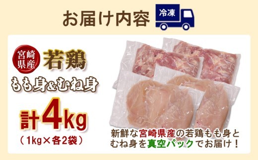 宮崎県産 若鶏もも身&むね身 4kgセット (1kg×各2袋) 鶏肉 もも肉 鶏もも肉 むね肉 鶏むね肉 小分け 真空パック 冷凍 国産 宮崎県産 九州
