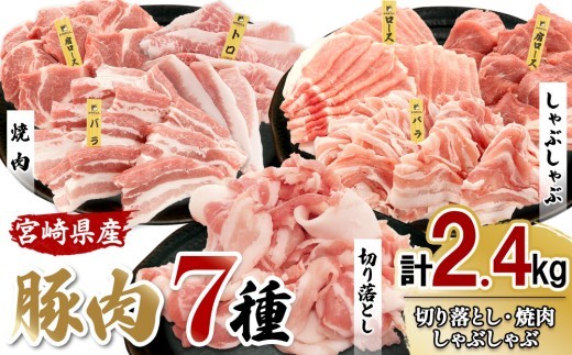 宮崎県産豚肉ミックス2.4kgセット【真空小分け】3種の料理(切り落とし・しゃぶしゃぶ・焼肉)が楽しめるバラエティ詰め合わせ