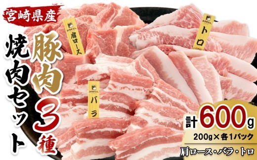 宮崎県産 豚肉 焼肉 3種食べ比べセット 600g (肩ロース・バラ・豚トロ 各200g) 真空小分けパック 冷凍 国産