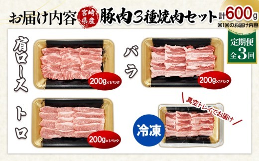 宮崎県産 豚肉 焼肉 3種食べ比べ 定期便【全3回】合計1.8kg (600g×3回) 真空小分けパック (肩ロース・バラ・豚トロ) 国産
