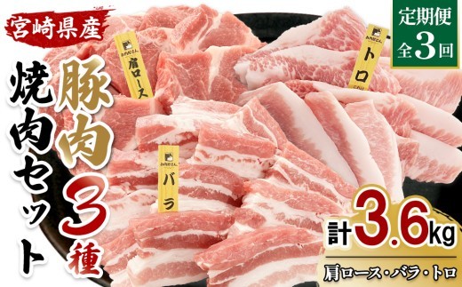 宮崎県産 豚肉 焼肉 3種食べ比べ 定期便【全3回】合計3.6kg (1.2kg×3回) 真空小分けパック (肩ロース・バラ・豚トロ) 国産