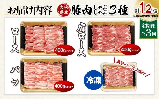 宮崎県産 豚肉 しゃぶしゃぶ 3種食べ比べ 定期便【全3回】合計3.6kg (1.2kg×3回) 真空小分けパック (ロース・肩ロース・バラ) 国産