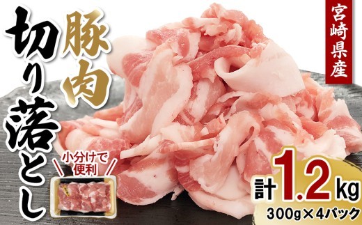 宮崎県産 豚肉 切り落とし 合計1.2kg (300g×4パック) 真空小分けパック 冷凍 国産