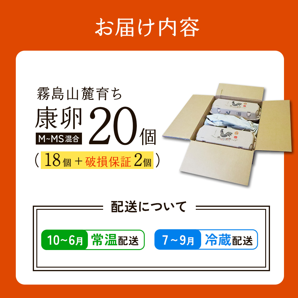 霧島山麓育ち こだわり卵 康卵 計20個（18個 + 割れ保証2個）たまご 玉子 卵焼き 玉子焼き たまご焼き 生卵 鶏卵 たまごかけごはん 国産 九州産 宮崎県産 送料無料