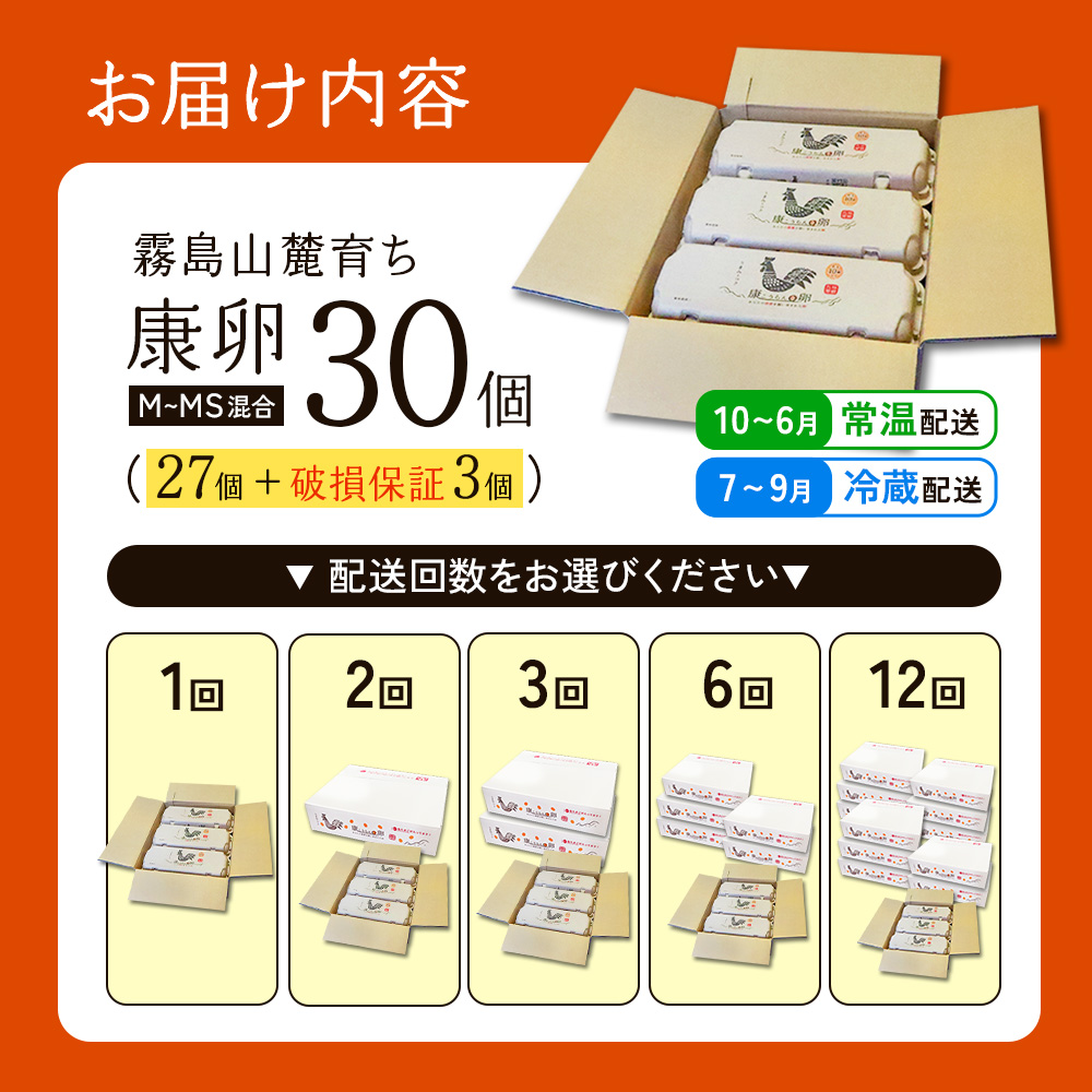霧島山麓育ち こだわり卵 康卵 計30個（27個 + 割れ保証3個）たまご 玉子 卵焼き 玉子焼き たまご焼き 生卵 鶏卵 たまごかけごはん 国産 九州産 宮崎県産