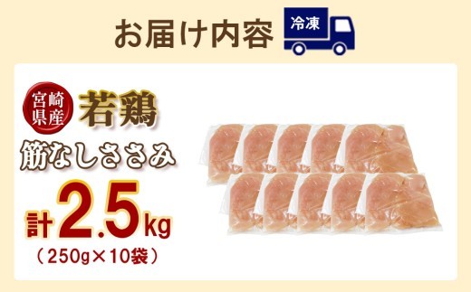 宮崎県産 若鶏筋なしささみ 2.5kgセット (250g×10袋) 鶏肉 ささみ 鶏ささみ 小分け 真空パック タンパク質 チキン冷凍 国産 宮崎県産 九州