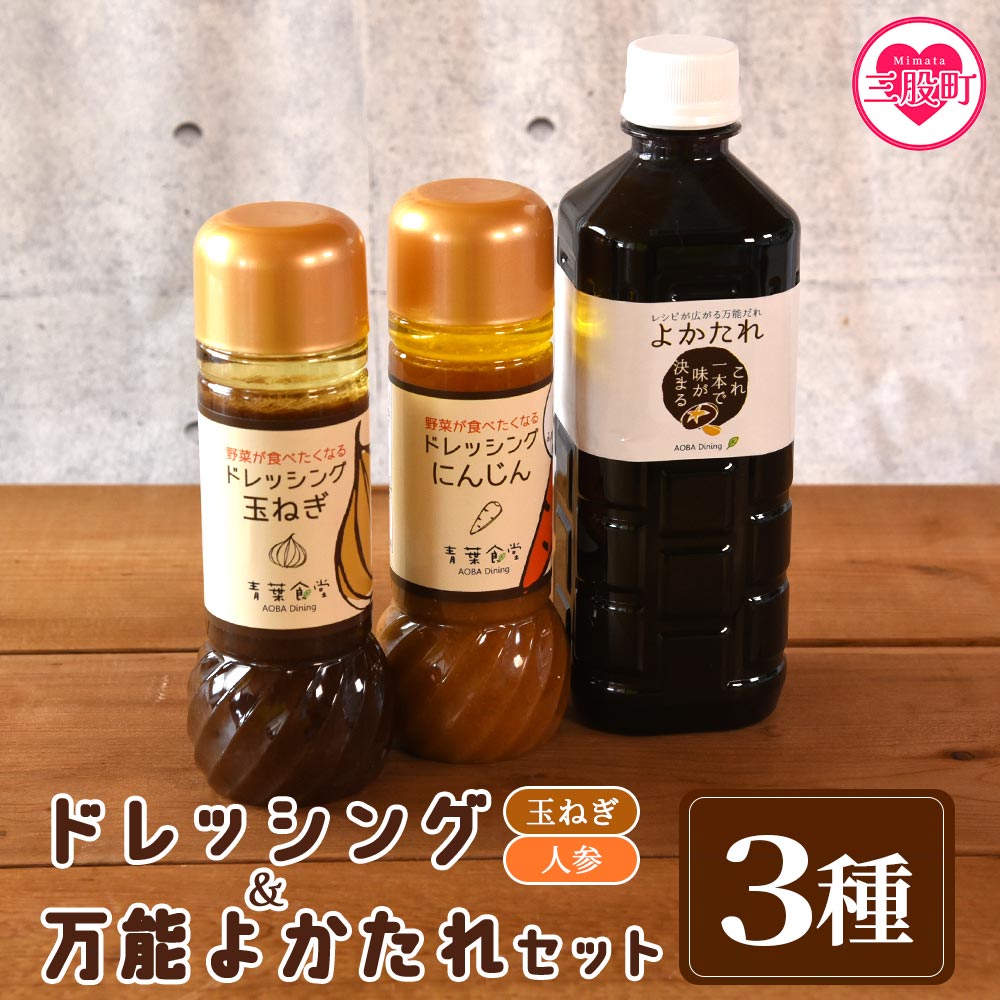 野菜が食べたくなるドレッシング2種類と万能「よかたれ」セット玉ねぎ(200ml)、人参(200ml)、宮崎産こだわりの素材を使用した醤油タレ(500ml) 料理 下味 出汁 調味料 野菜 【MI138-ao】