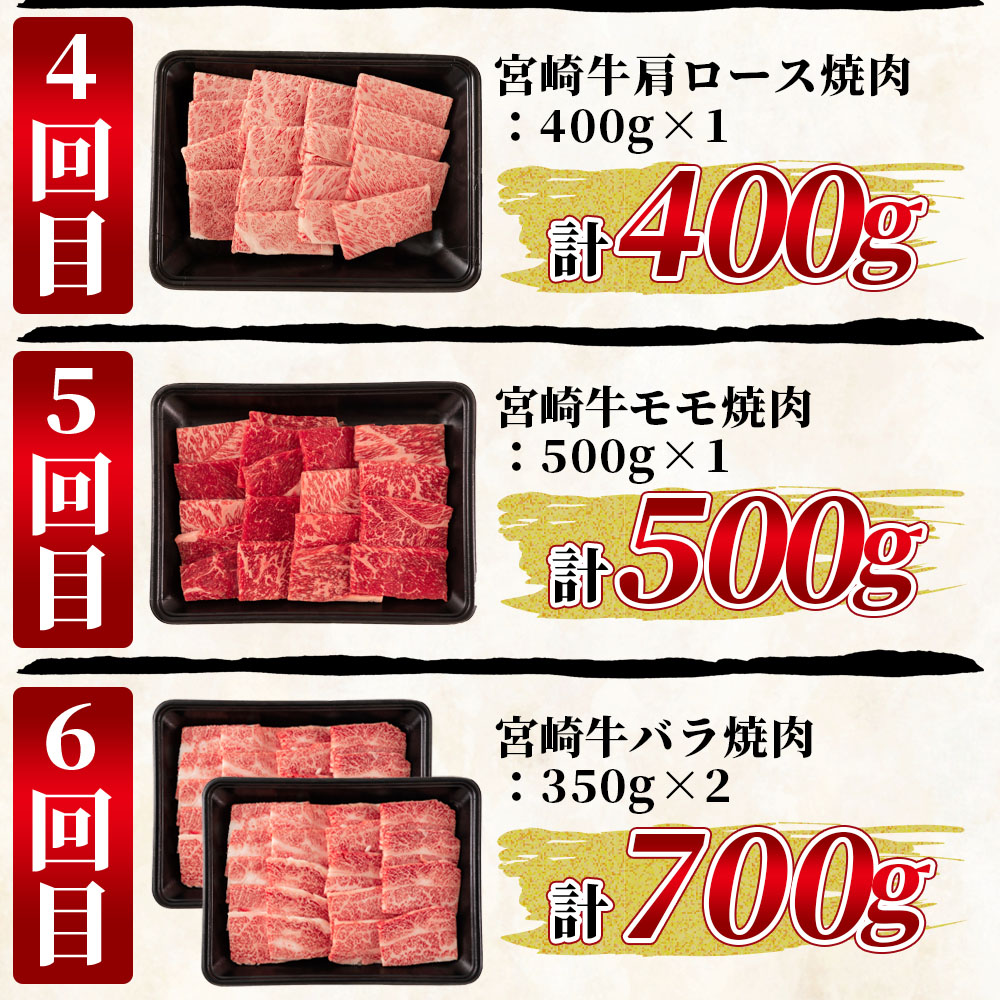 【6ヶ月定期便】総重量3.1kgの宮崎牛味わい尽くし国産ブランド牛 牛肉 おすすめ 宮崎牛 人気 コスパ 量が多い 牛モモ モモ 牛バラ バラ ウデ 肩 肩ロース 牛肩ロース 【MI076-my】
