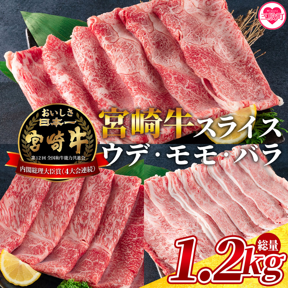 宮崎牛（ウデ、モモ、バラ）のスライス 総量1.2kg 国産ブランド牛 牛肉 おすすめ 宮崎牛 人気 コスパ 量が多い 牛モモ モモ 牛バラ バラ ウデ モモ ロース 肉 すき焼き【MI127-my】