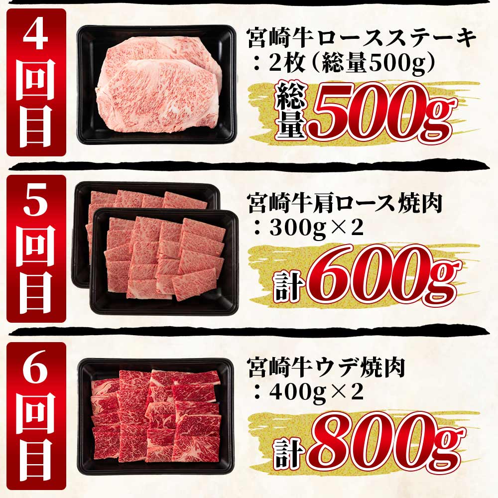 【数量限定】【定期便6ヶ月】総重量3.8kgの宮崎牛ステーキ焼肉味わい尽くし国産ブランド牛 牛肉 おすすめ 黒毛和牛 国産牛肉 和牛 人気 コスパ 定期便 焼肉用 ステーキ【MI148-my】