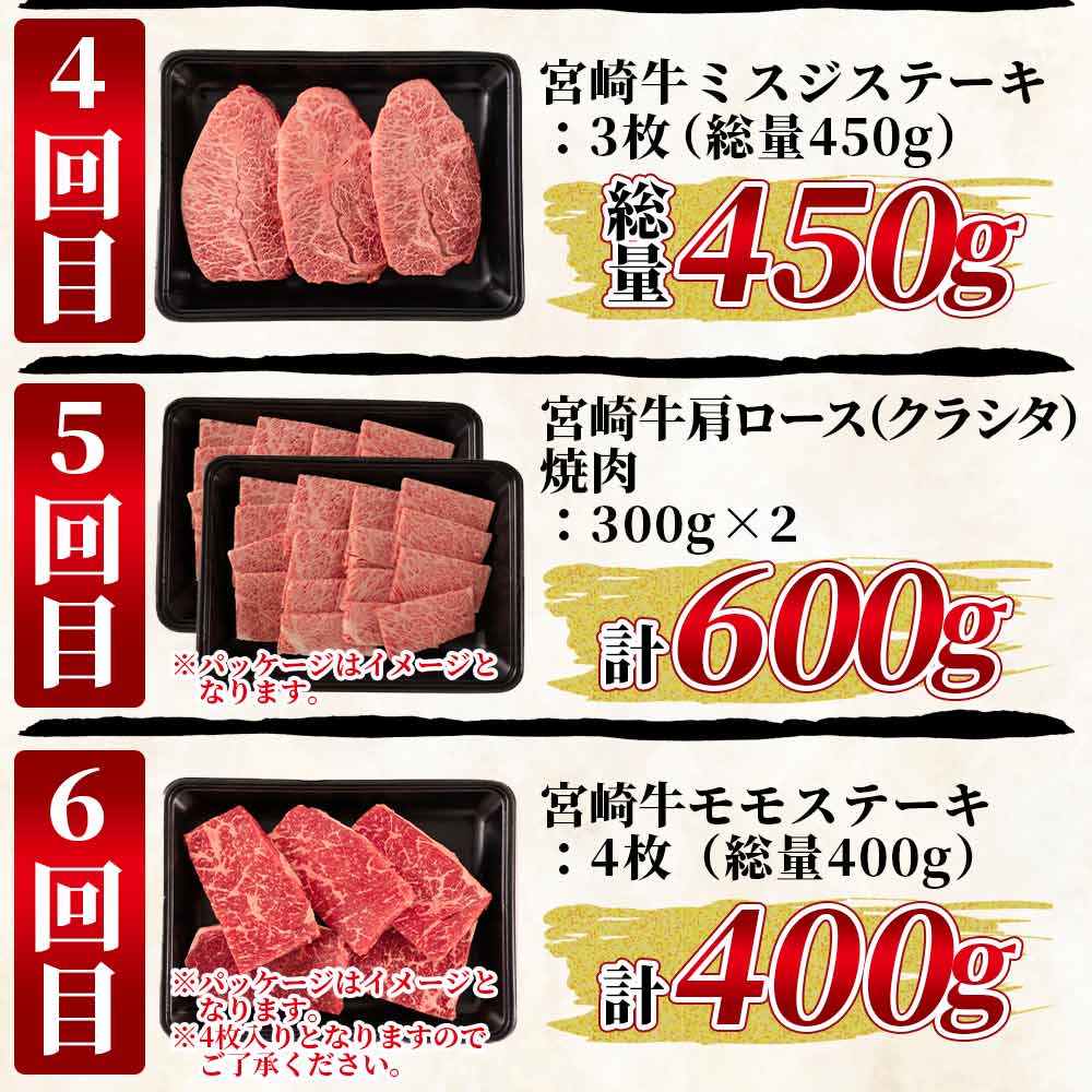 【定期便6ヶ月】総重量2.85kgの宮崎牛味わい尽くし(ヒレステーキ込)国産ブランド牛 牛肉 おすすめ 黒毛和牛 国産牛肉 和牛 人気 コスパ 定期便 量が多い 焼肉用 ステーキ【MI158-my】