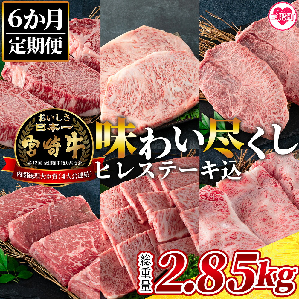 【定期便6ヶ月】総重量2.85kgの宮崎牛味わい尽くし(ヒレステーキ込)国産ブランド牛 牛肉 おすすめ 黒毛和牛 国産牛肉 和牛 人気 コスパ 定期便 量が多い 焼肉用 ステーキ【MI158-my】
