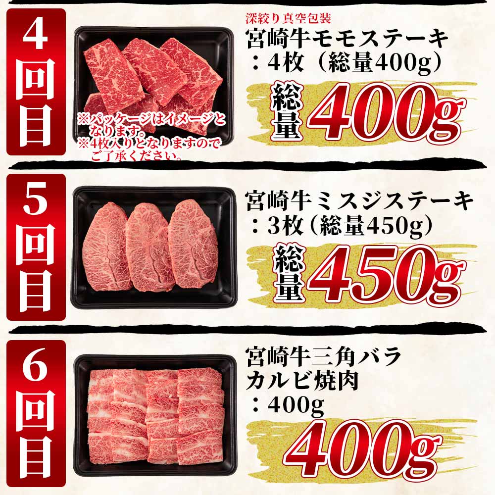 【6ヶ月定期便】総重量2.45kg宮崎牛ステーキ・希少部位焼肉（ヒレステーキ込）総重量2.45kg国産ブランド牛 牛肉 おすすめ 黒毛和牛 国産牛肉 和牛 人気 コスパ 定期便 【MI240-my】