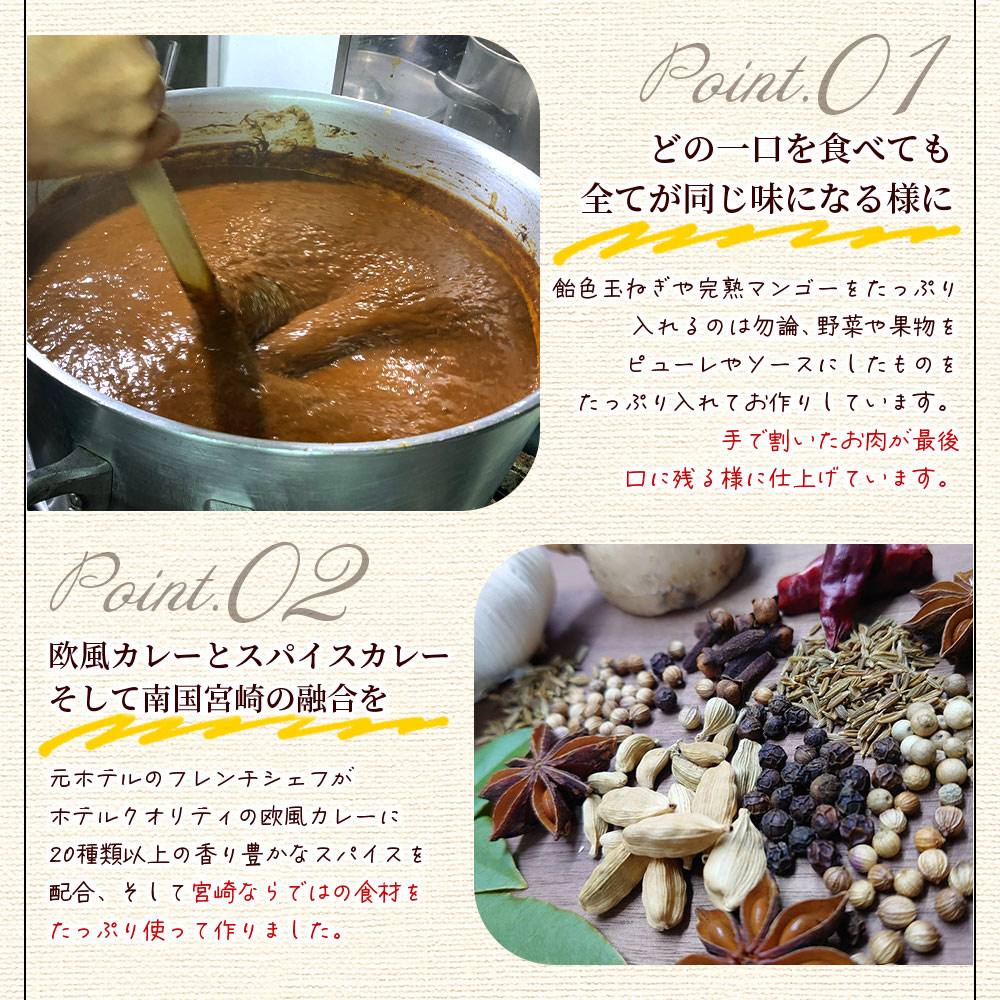 108時間煮込んだカレー 冷凍真空パック 2P×180g 国産 牛肉 宮崎牛 完熟マンゴー 宮崎県の食材 野菜 果物 欧風スパイス レトルト ビーフ カレー 個包装 小分け セット 惣菜【MI227-tc】
