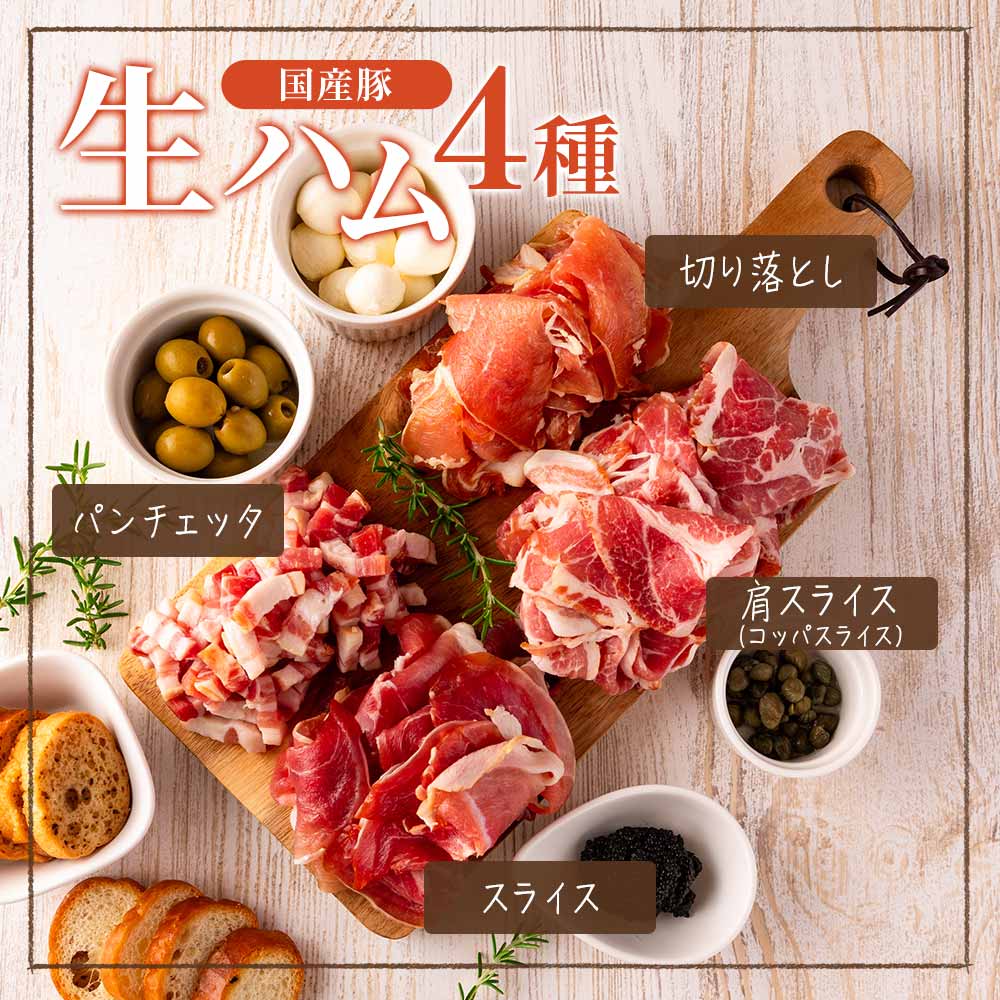【訳あり】国産豚生ハムバラエティー4種セット(計900g)国産 豚肉 豚モモ 豚バラ 肩肉 生ハム スライス 切り落とし パンチェッタ 短冊 コッパスライス サラダ パーティー BBQ 【MI294-pl】
