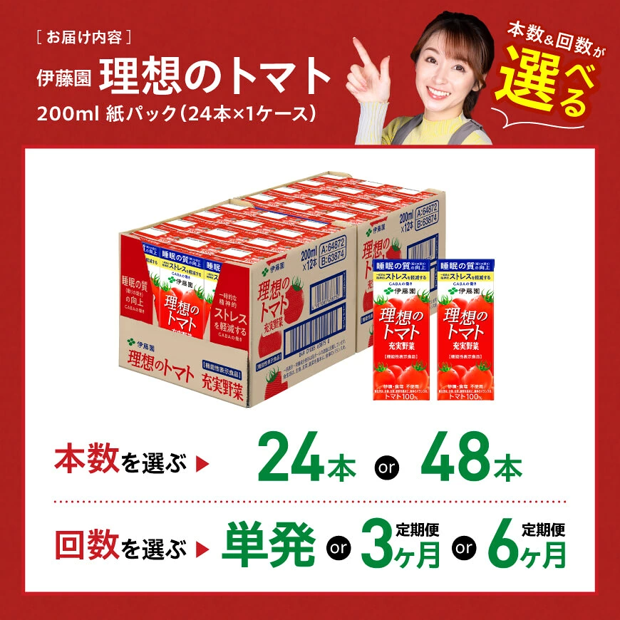 ※回数・本数が選べる※ 伊藤園 機能性表示食品 理想のトマト（紙）200ml - 飲料 飲料類 野菜 ジュース ミックスジュース 砂糖不使用 食塩不使用 飲みもの
