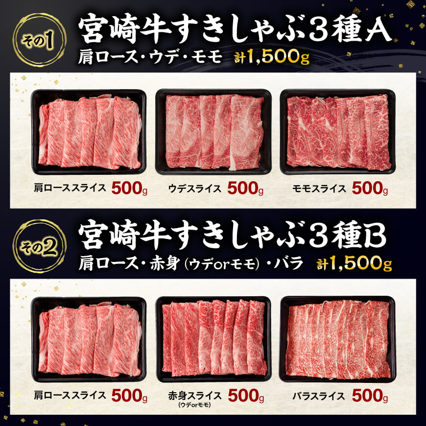 ※カット・部位から選べる※宮崎牛3種1.5kg 宮崎牛 和牛 牛 肉 牛肉 ミヤチク すき焼き すきしゃぶ 焼肉 ウデ モモ 肩ロース バラ カルビ 食べ比べ セット 国産 九州産 宮崎県産 送料無料 宮崎県川南町