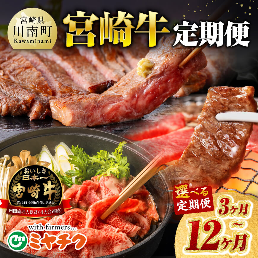 【選べる定期便】宮崎牛定期便3～12ヶ月 肉 牛肉 国産 宮崎県産 黒毛和牛 和牛 ミヤチク ローススライス ウデ ロースステーキ 豚肉 モモ スライス 豚ヒレ 豚小間切れ 焼肉 カルビ 送料無料 宮崎県川南町 D0068