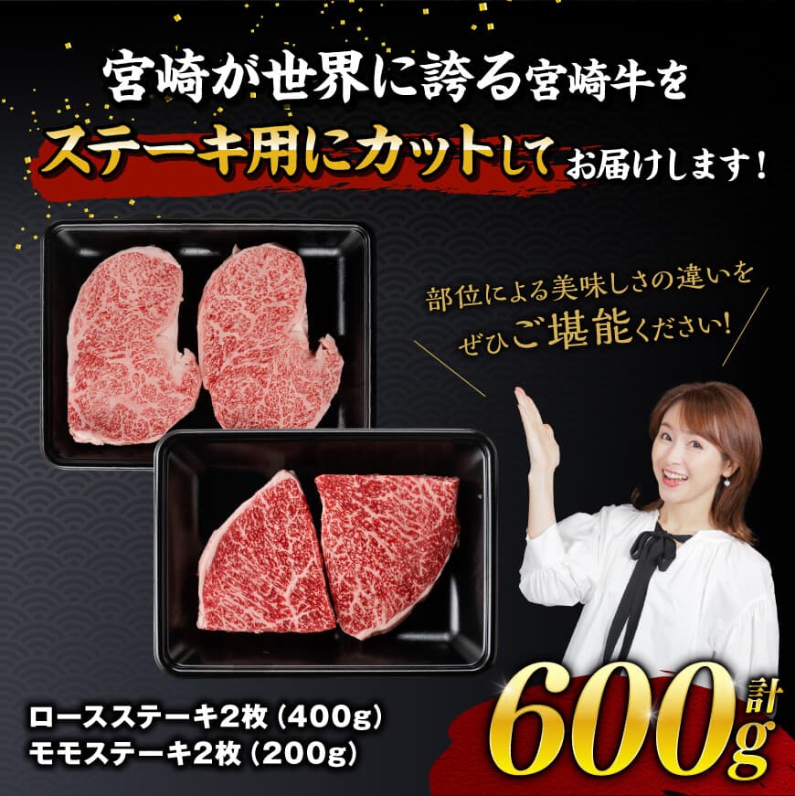 宮崎牛ステーキ 2種 600g 肉 牛肉 黒毛和牛 宮崎県産牛 九州産牛 国産牛 宮崎県産 九州産 国産 ロース モモ ステーキ