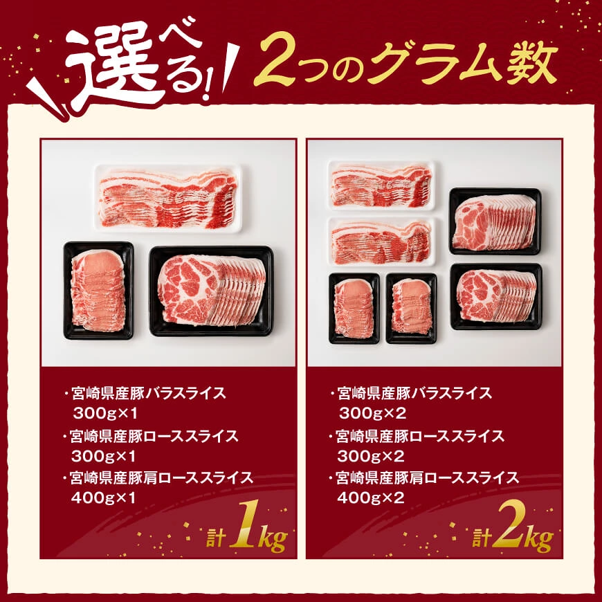 ※グラム数が選べる※ 宮崎県産豚肉 スライス3種得々セット 1kg～2kg 肉 豚肉 国産 九州産 バラ ロース 肩ロース 詰合せ 3種