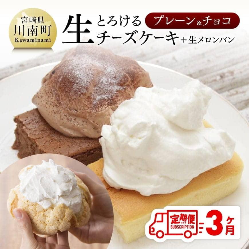 【定期便３ヶ月コース】とろける生チーズケーキ（プレーン・チョコ）+メロンパン おうち時間 お取り寄せ 送料無料 宮崎県 川南町