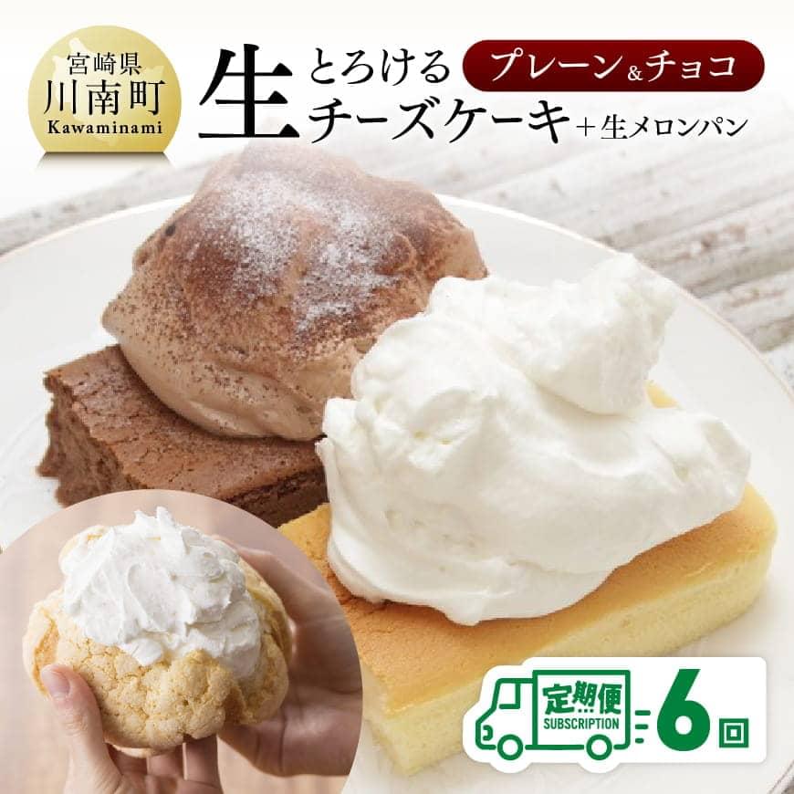 【定期便6回コース】とろける生チーズケーキ（プレーン・チョコ）+生メロンパン - セット 人気の新食感 デザート おやつ ご褒美 送料無料 宮崎県 川南町