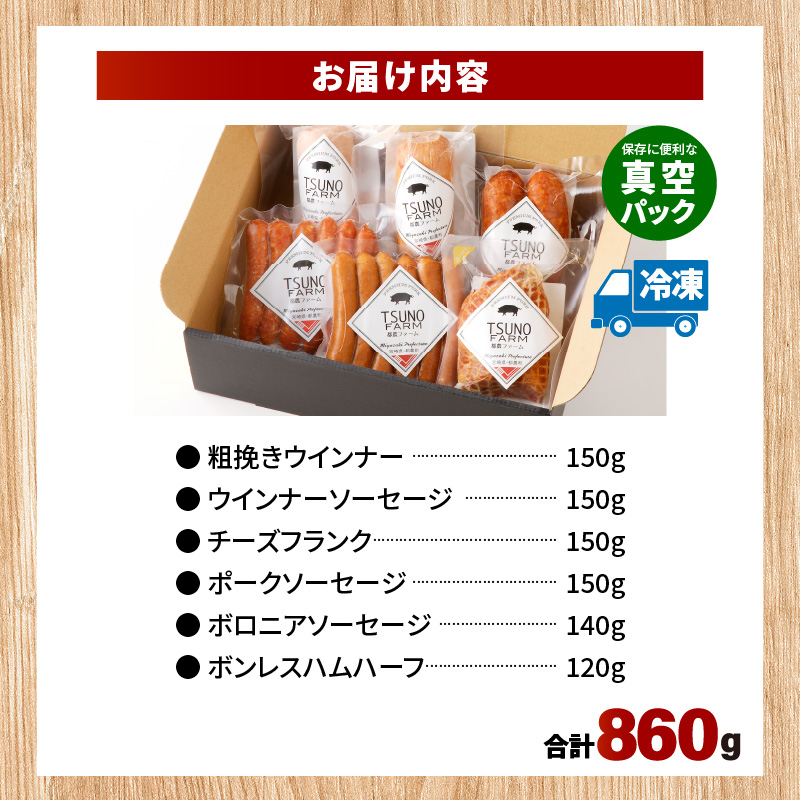 都農ファーム厳選「ウインナー・ハム6点セット」合計860g 肉 豚 豚肉 おかず 国産_T020-0017
