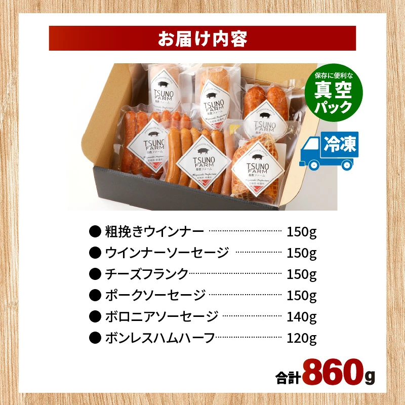 都農ファーム厳選「ウインナー・ハム6点セット」合計860g 肉 豚 豚肉 おかず 国産_T020-0017