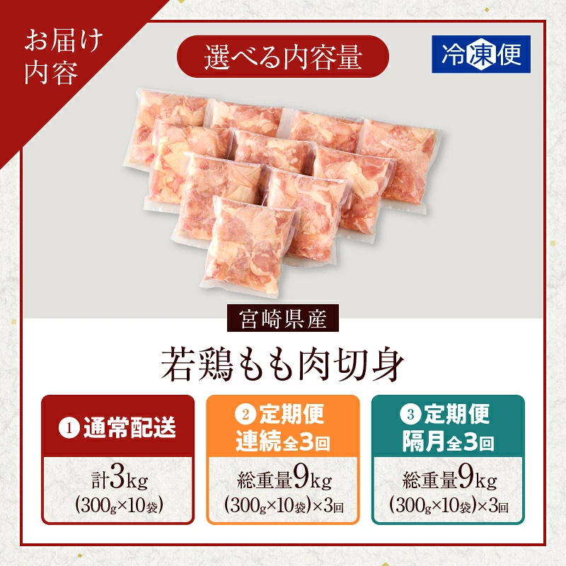 宮崎県産 若鶏 モモ肉 切身【定期便も選べる】 計3kg 鶏肉 鶏もも肉 国産_T017-0017-SKU