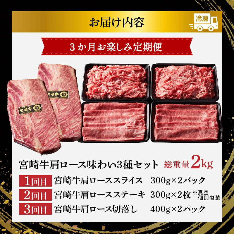3か月お楽しみ定期便『宮崎牛肩ロース味わい3種セット』総重量2kg 肉 牛 牛肉 焼肉 国産_T009-0017