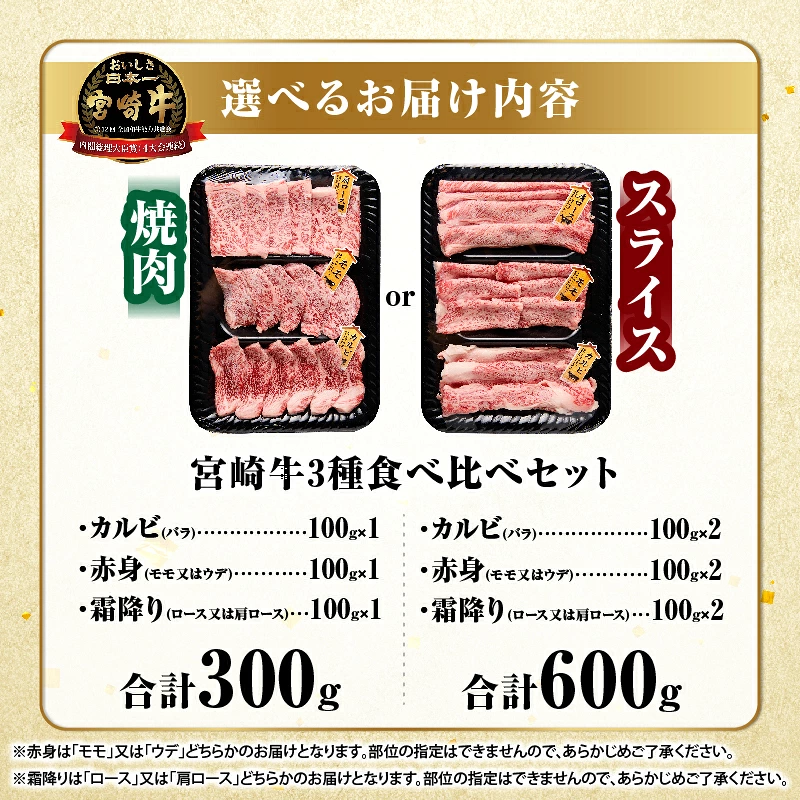 【選べるカット！！】宮崎牛 『焼肉 or スライス』 3種 食べ比べ セット 合計300g or 600g 肉 牛肉 国産_T009-0357-SKU