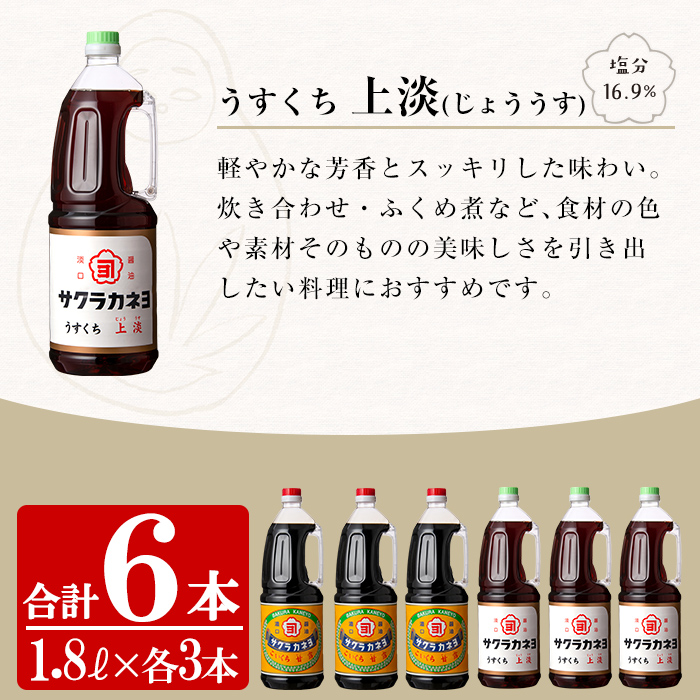 濃口しょうゆ ＋ 薄口しょうゆ 計6本！(1.8L×各3本)こゆうすセット！ サクラカネヨ 鹿児島 しょうゆ 老舗吉村醸造のしょうゆ 国産 九州 鹿児島産 九州しょうゆ 天然醸造 だししょうゆ