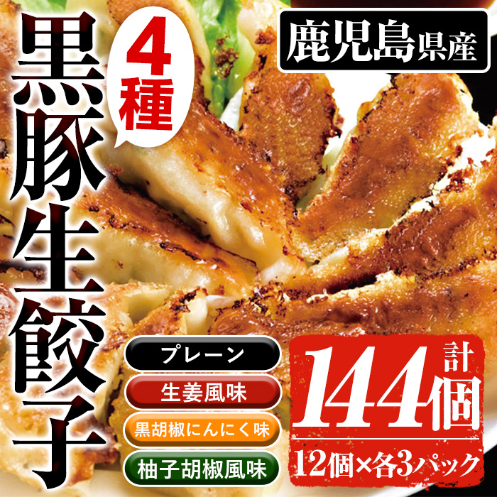 鹿児島黒豚生餃子 4種 詰合せ セット 合計144個!(4種×12個×3P)プレーン 生姜風味 黒胡椒にんにく 柚子胡椒 食べ比べ 国産 鹿児島県産 ぎょうざ ギョーザ ギョウザ 冷凍餃子 冷凍食品 惣菜 おかず 小分け