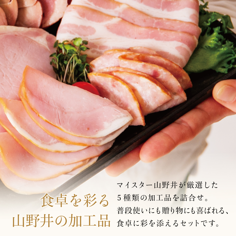 【マイスター山野井】 炭焼き焼豚とハムの詰め合わせ（5種） チャーシュー ハム 焼豚 みそ漬け  ロースハム ソーセージ ベーコン オードブル 惣菜 おせち パーティー ギフト 贈答 山野井